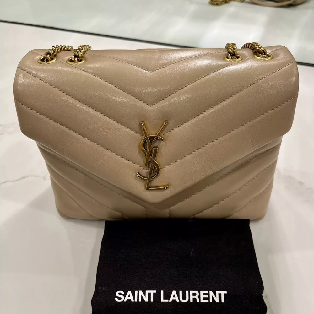 Yves Saint Laurent Loulou Shoulder Bag Small Dark Beige Leather Excellent